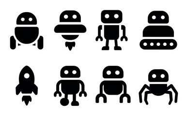 Set of silhouetted robot icons featuring various shapes and designs