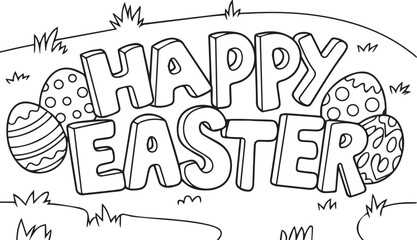 Delineated springtime displays Happy Easter lettering alongside decorated eggs in grass ready to be colored