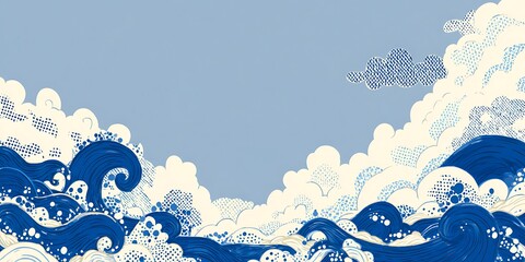Stylized blue waves and clouds in a traditional japanese art style