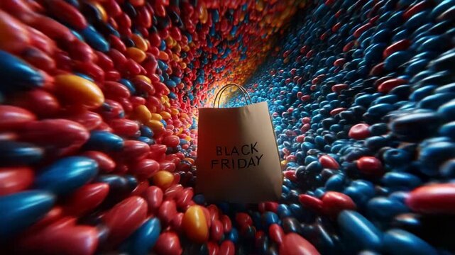 A vibrant swirl of colorful candy fills the frame, highlighting a brown shopping bag prominently featuring the words 'Black Friday,' symbolizing the excitement of seasonal shopping events.