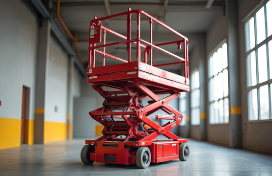 Red hydraulic scissor lift stands ready for use in indoor construction. This compact elevating work platform helps reach high areas for repairs and maintenance. Mobile unit for interior jobs.