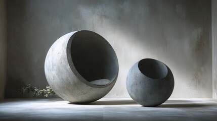 decorative concrete spheres, artistic minimalist interior elements 