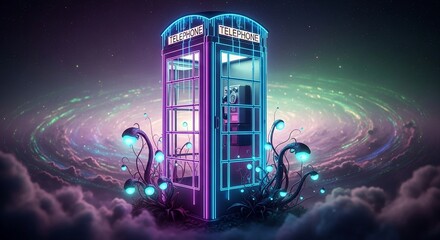 cyberpunk style telephone booth on cloud