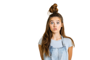 Portrait of a young woman looking upward with a pensive expression. Ideal for concepts like doubt, thinking, idea generation, or curiosity.