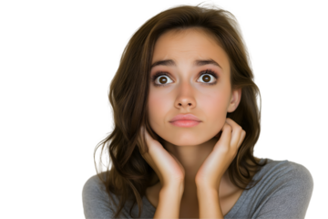 Portrait of a young woman looking upward with a pensive expression. Ideal for concepts like doubt, thinking, idea generation, or curiosity.