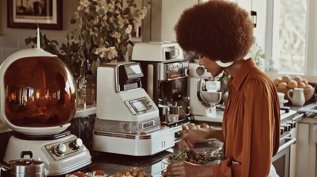 Woman preparing a fresh salad in a retro kitchen featuring vintage appliances and a space-age design in the afternoon sunlight