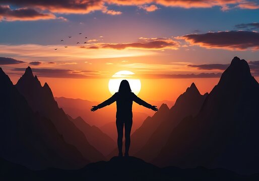 A silhouette of a person with outstretched arms stands between silhouetted mountains, facing a fiery sunset with birds flying above