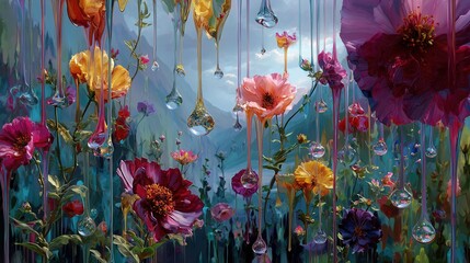 surrealistic painting of flowers falling from the sky as colorful liquid drops, fantasy surrealism 