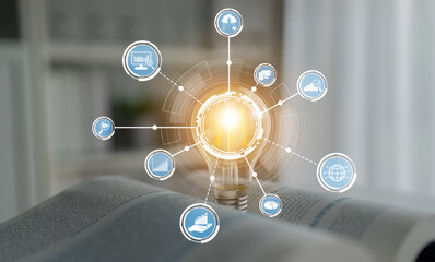 A creative light bulb concept surrounded by digital icons and data visualization, symbolizing innovation and knowledge in business growth and modern strategies. Crux