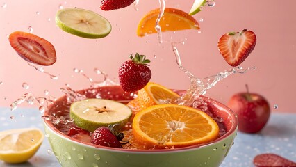 Dynamic Splash of Fresh Fruits in a Bowl
