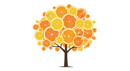 A vibrant tree with a canopy formed by a mosaic of colorful orange and yellow citrus slices, symbolizing freshness and nature.