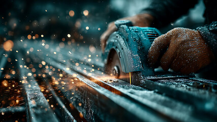Industrial Craftsmanship, A Gloved Hand Guides a Saw Through Metal Amidst Fiery Sparks