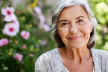 close-up of smiling elderly woman in garden with flowers, sunlight on face, healthy aging, natural beauty,
