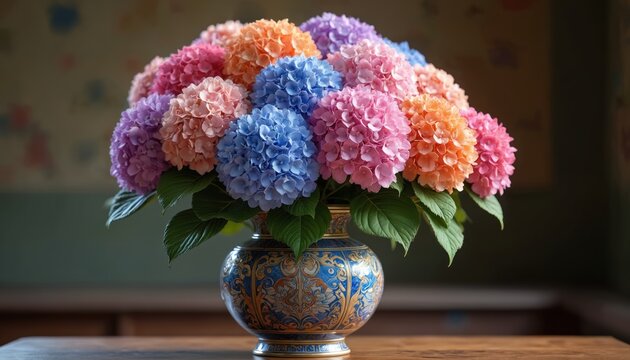 Colorful hydrangea flowers in vase sit on table. Ornate pottery displays blue pink purple orange pastel blooms with leaf. Floral arrangement makes interior decor look fresh beautiful.