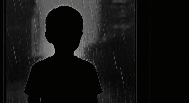 Melancholy Child Silhouette Gazing at RainStreaked Window in Dark Tones.