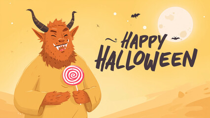 Obraz premium Beige Halloween Flat Illustration Poster - Adorable Monster with Candy and Smile, Flat Cartoon Style, Beige Colorful Halloween Poster Art