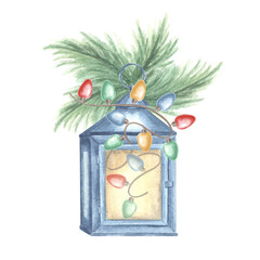 Cozy lantern with Christmas garland and spruce branches watercolor illustration. Vintage oil lamp for winter holiday greeting card design. Hand drawn isolated clipart for prints, wrapping, textile.