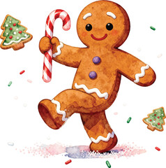 Watercolor Style Gingerbread Man with Candy Cane and Cookie Holiday Illustration