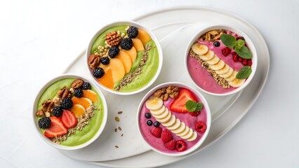 Top View of Four Delicious and Colorful Breakfast Smoothie Bowls