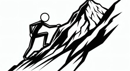 Minimalist Stick Figure Climbs Jagged Mountain Peak in Bold Black and White.