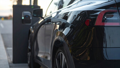 現代のエコモビリティを象徴する黒い電気自動車とEV充電装置の調和した光景