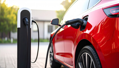 光を受けて輝く赤い電気自動車がEV充電装置で再び動力を得るエコドライブの時間