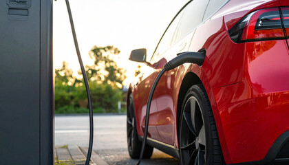 Obraz premium 光を受けて輝く赤い電気自動車がEV充電装置で再び動力を得るエコドライブの時間