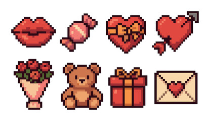 Pixel art love icons: hearts, lips, candy, roses, teddy bear, gift, envelope