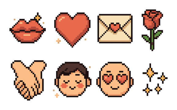 Pixel art love icons with hearts and emojis in retro style