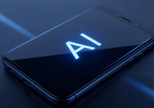 A sleek, modern smartphone with a dark screen is angled towards the camera. The glowing text "AI" is prominently displayed