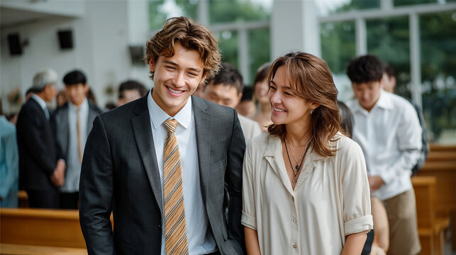 Young man and woman smiling happily in formal attire at social gathering with people in background enjoying event