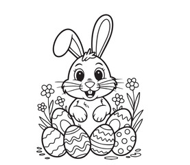 kids coloring pages, Outlined rabbit sits amidst flowers and decorated eggs on a white background for coloring