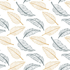 Seamless pattern with hand-drawn tropical leaves.