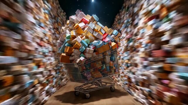 A Dynamic Display of Abundance: A Shopping Cart Overloaded with Colorful Packages Surrounded by a Blurred Background of More Boxes, Portraying a Sense of Overwhelming Choice and Consumerism
