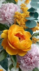 Yellow flower with pink peony and yellow mimosa flowers create vibrant and fresh botanical arrangement with green eucalyptus leaves