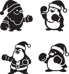 Christmas Penguins Vector Illustration Set, Cartoon Penguins in Santa Hats and Winter Attire, Perfect for Holiday Designs