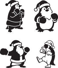 Christmas Penguins Vector Illustration Set, Cartoon Penguins in Santa Hats and Winter Attire, Perfect for Holiday Designs