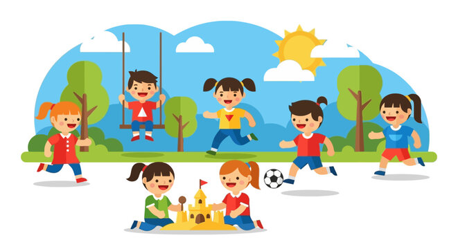 Happy cute children playing games together in a park on a sunny summer day