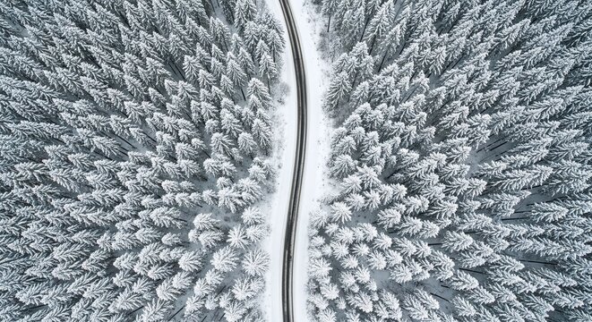 Breathtaking aerial view of a winding road through a snow-covered pine forest, evoking tranquility and adventure
