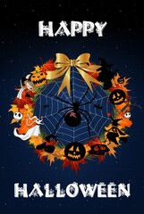 Halloween composition with a spider and a circle of leaves,