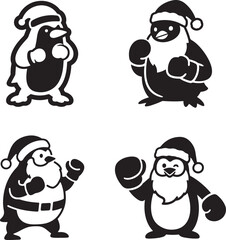 Christmas Penguins Vector Illustration Set, Cartoon Penguins in Santa Hats and Winter Attire, Perfect for Holiday Designs