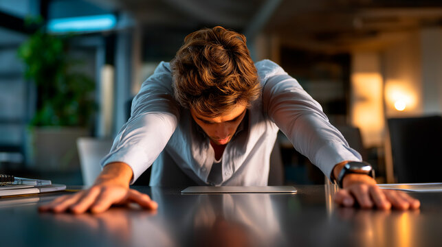 Faceless coworker leaning forward with hands on desk, stretching back muscles, soft light illuminating workspace edges, with copy space.