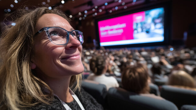 Photography masterclass, an audience member illuminated by the glow of a big screen their expression rapt and inspired, in a lecture theatre