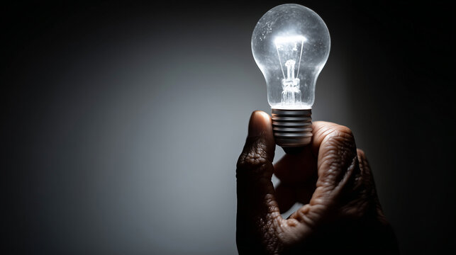 Photography masterclass, a close-up of a single hand turning a lightbulb on in a dim room, symbolising the spark of a new idea, high contrast, dramatic shadow
