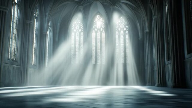 Ethereal light streams through gothic cathedral windows onto a polished floor