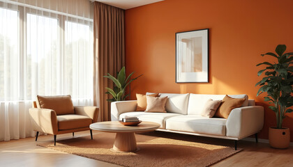Fototapeta premium Bright living room features white sofa orange walls, wooden floor. Modern furniture includes round table armchair, potted plant. Natural light streams through sheer curtains creating cosy atmosphere