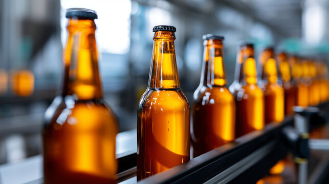 Faceless brewer labeling freshly filled glass bottles on a conveyor line, amber tones of beer glowing under soft industrial light, with copy space.