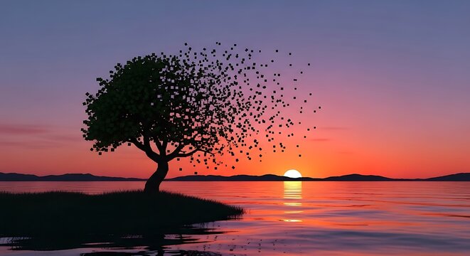 A solitary tree at sunset; its leaves transform into scattered particles, the sun reflecting on the calm water
