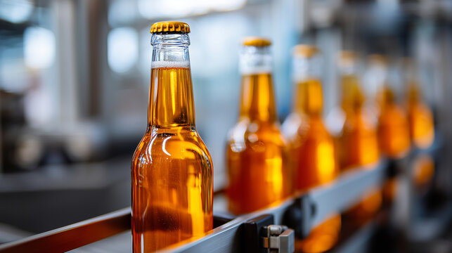Faceless brewer labeling freshly filled glass bottles on a conveyor line, amber tones of beer glowing under soft industrial light, with copy space.