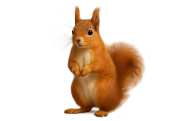 Cute red squirrel standing on hind legs, looking forward, animal, wildlife, rodent character on transparent background